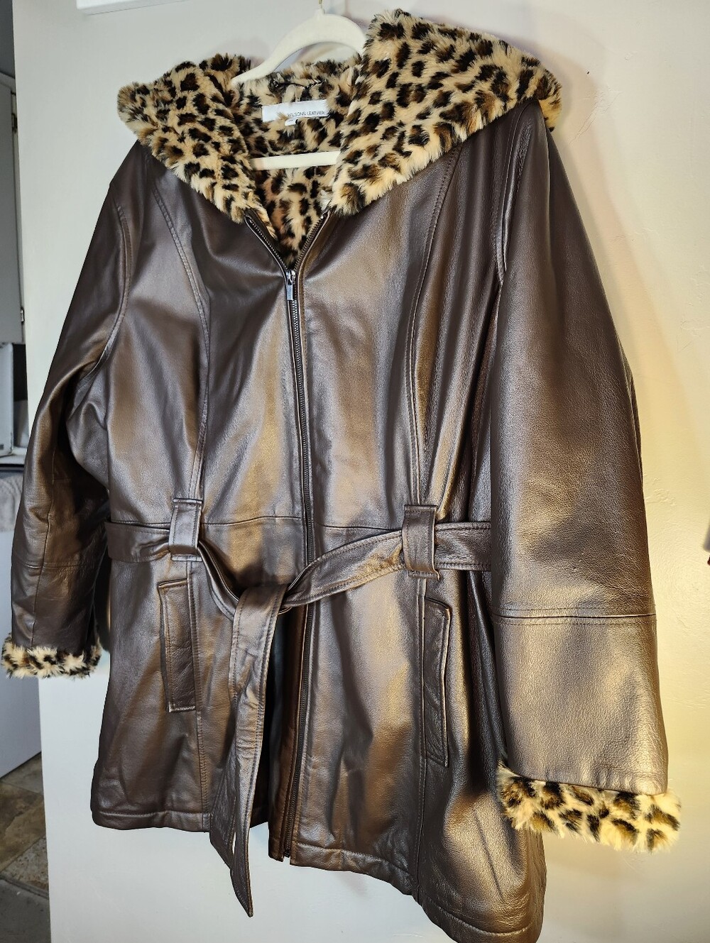 Wilsons Leather Brown Leather Jacket with Leopard Faux-Fur Trim
